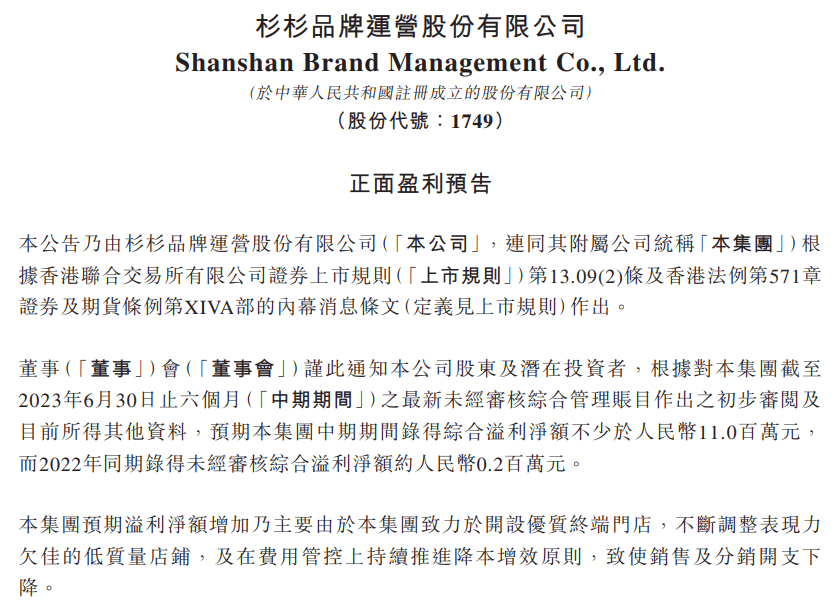 杉杉品牌：2023年上半年综合溢利净额预计不少于1100万元人民币