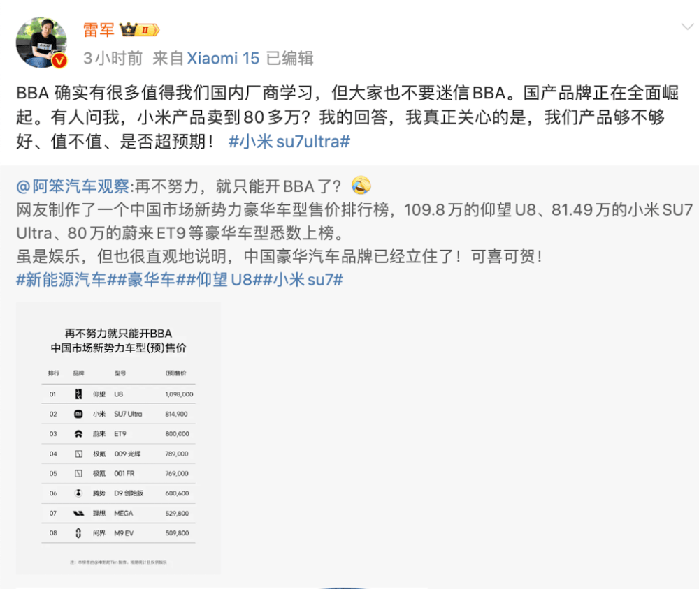 小米汽车卖到80多万<strong></p>
<p>炒币书</strong>,网友称再不努力只能开BBA!雷军:不要迷信BBA