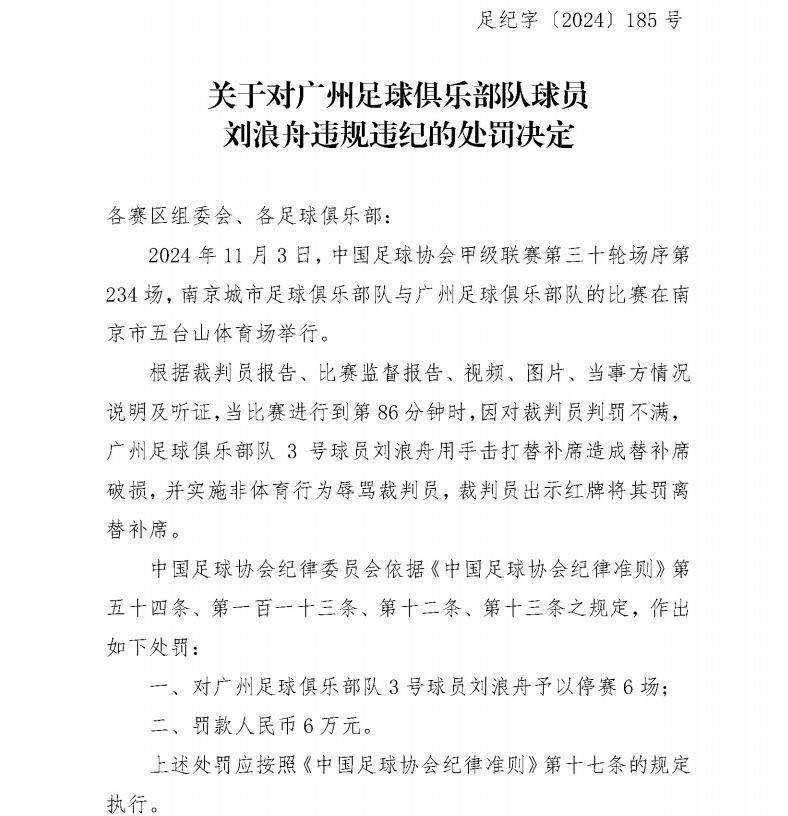 足协官方:广州球员刘浪舟、张志雄停赛6场、罚款6万
