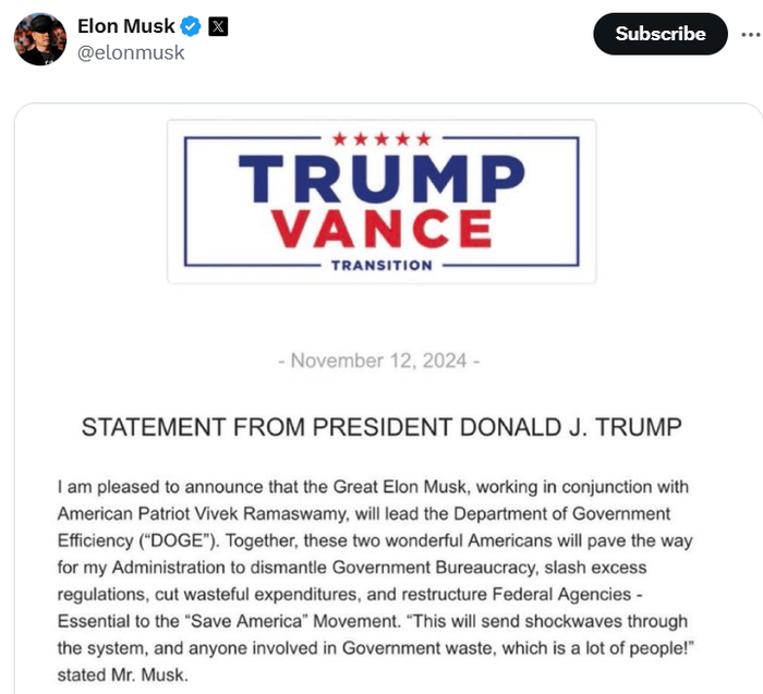 马斯克确认将领导“政府效率部”对抗官僚主义:<strong></p>
<p>上币精品网</strong>你可不知道这将产生多大影响