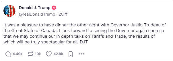 特朗普公开嘲讽特鲁多:加拿大州州长<strong></p>
<p>炒币破产</strong>,期待再次相见