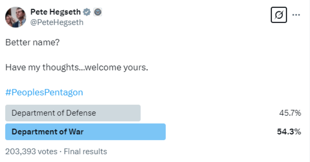 “国防部”还是“战争部” 超20万网民参与美国防部更名投票 评论区吵翻