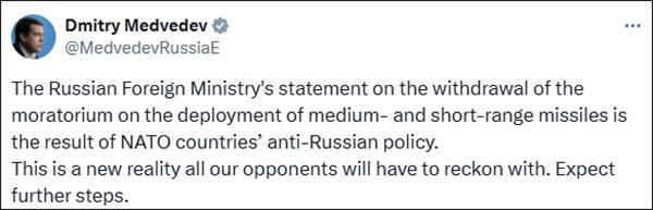 俄方称不再受中导条约约束<strong></p>
<p>币圈妙语</strong>,梅德韦杰夫:北约反俄的结果