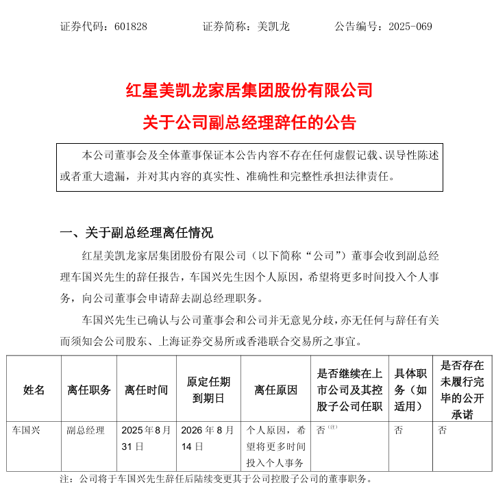 担任美凯龙副总经理刚满两年，车国兴离职，称“希望将更多时间投入个人事务”