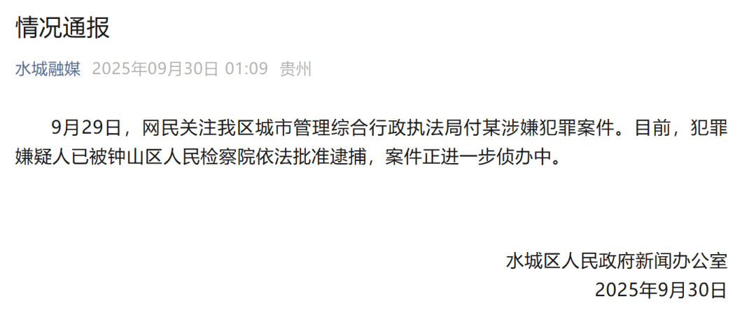 贵州六盘水凌晨通报：城管局付某涉嫌犯罪<strong></p>
<p>旗滨集团股票</strong>，已被批捕